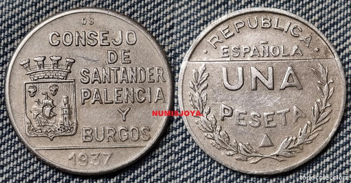 Monedas Rep&uacute;blica: Guerra Civil Espa&ntilde;ola 1 Peseta de Santander Palencia y Burgos. Peso 5,65 gr.