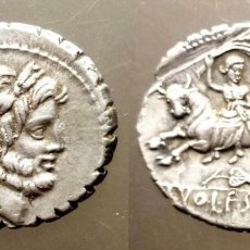 Monedas Roma República: RARO DENARIO ROMANO REPÚBLICA REPUBLICANO FAMILIA VOLTEIA O VOLUMNIA L. F. STRABO AÑO. Lote 174236452
