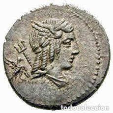 Monedas Roma República: BONITO DENARIO FAMILIA JULIA L JULIUS BURSIO 85 AC ALAS DE MERCURIO TRIDENTE DE NEPTUNO CUADRIGA. Lote 388010354