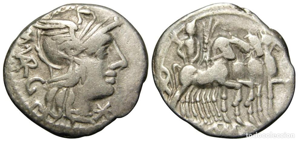 Monedas Roma Rep&uacute;blica: Rep&uacute;blica Romana, M. Vargunteius AR Denarius (130 aC), Gens Vargunteia
