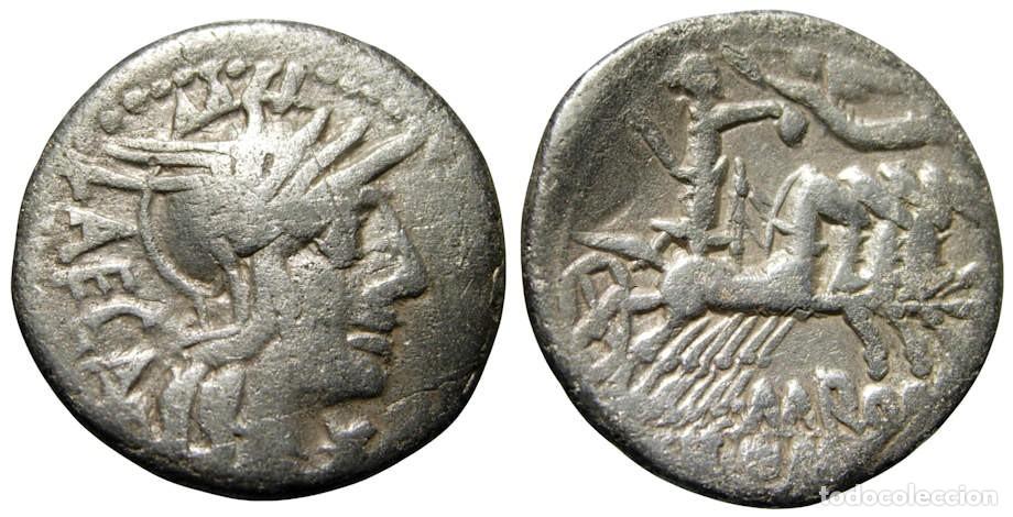 Monedas Roma Rep&uacute;blica: Rep&uacute;blica Romana M. Porcius Laeca AR Denarius (125 aC), Gens Porcia