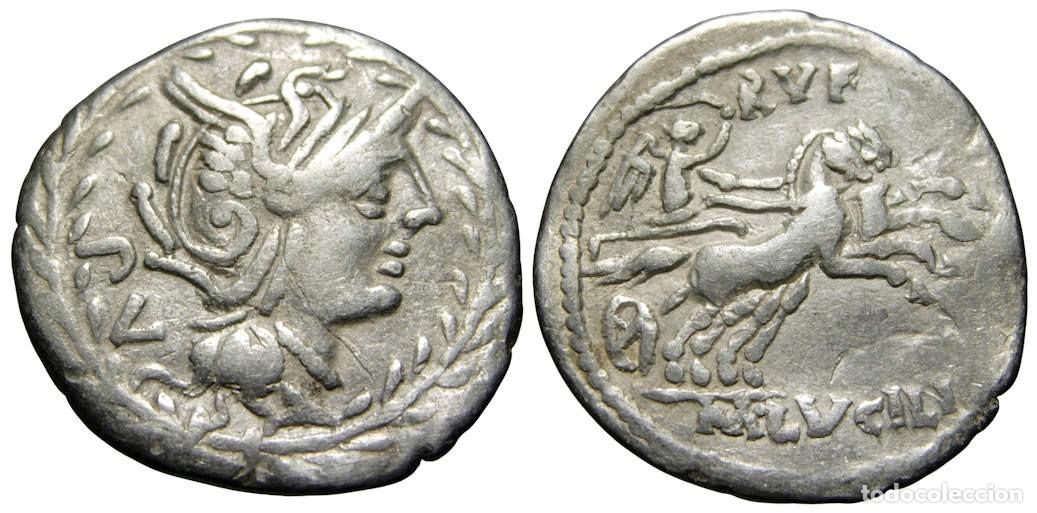 Monedas Roma Rep&uacute;blica: Rep&uacute;blica Romana M. Lucilio Rufo AR Denario (101 aC) - Gens Lucilia