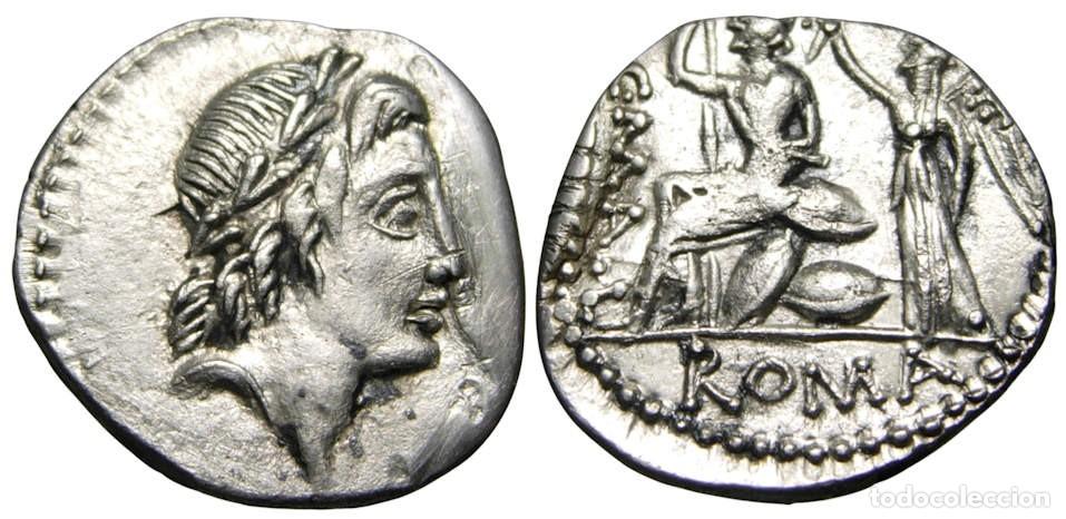Monedas Roma Rep&uacute;blica: C. Malleolus, A. Albinus Sp. f., y L. Cecilio Metelo AR Denarius, 96 aC
