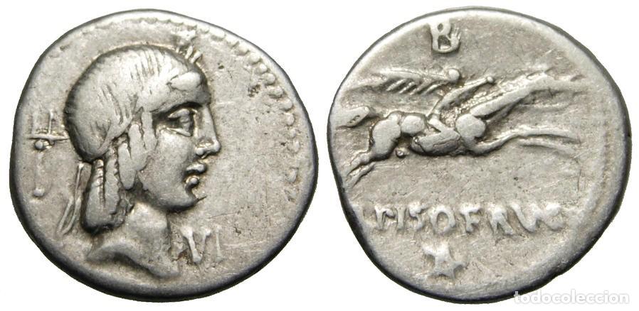 Monedas Roma Rep&uacute;blica: Rep&uacute;blica Romana L. Calpurnius Piso Frugi AR Denario (90 aC) jinete galopando