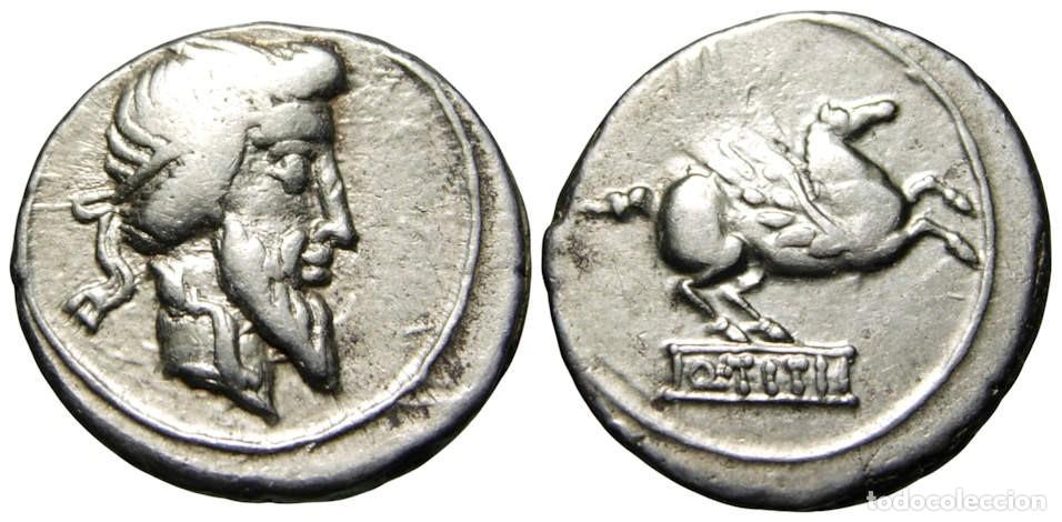 Monedas Roma Rep&uacute;blica: Rep&uacute;blica Romana Q. Titius AR Denario (90 aC) Pegaso