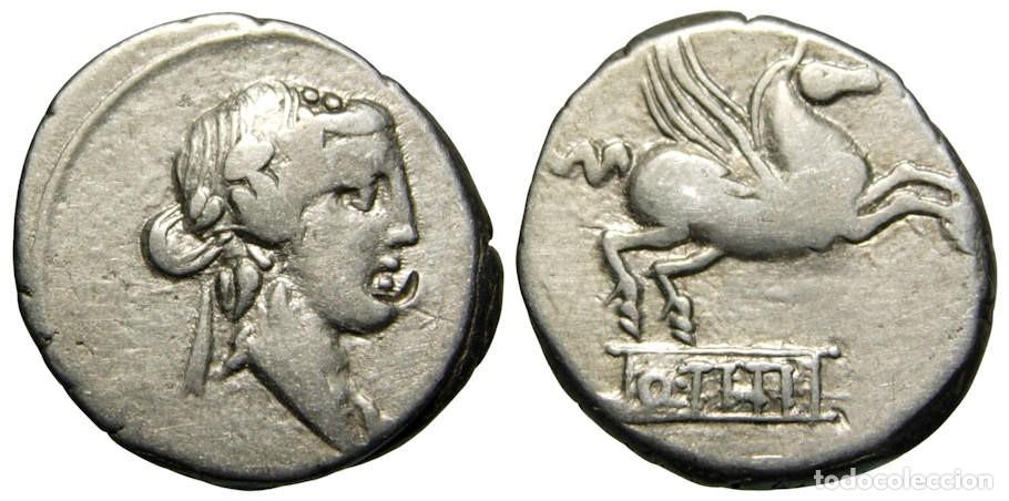 Monedas Roma Rep&uacute;blica: Rep&uacute;blica Romana Q. Titius AR Denario 90 aC, Gens Titia, Pegaso