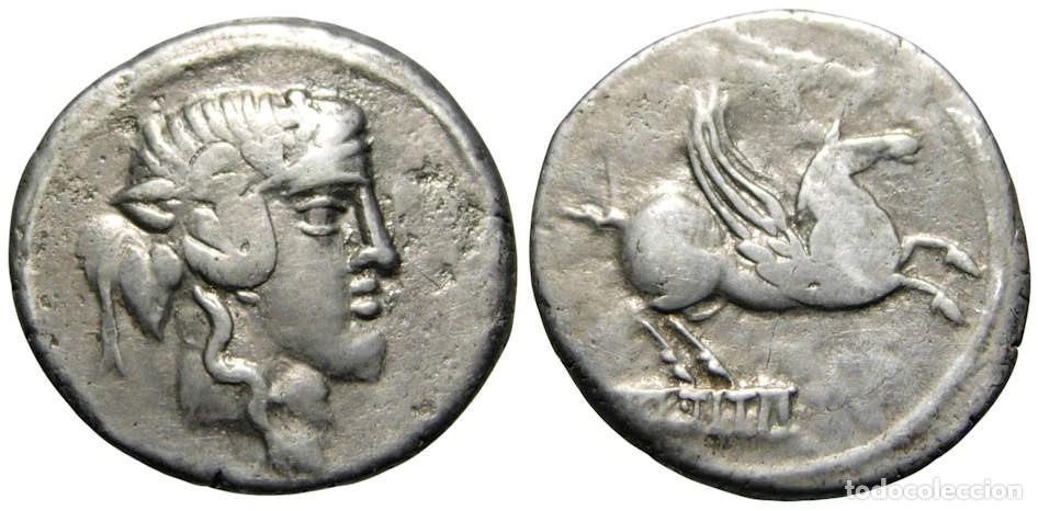 Monedas Roma Rep&uacute;blica: Rep&uacute;blica Romana Q. Titius AR Denario 90 aC, Pegaso