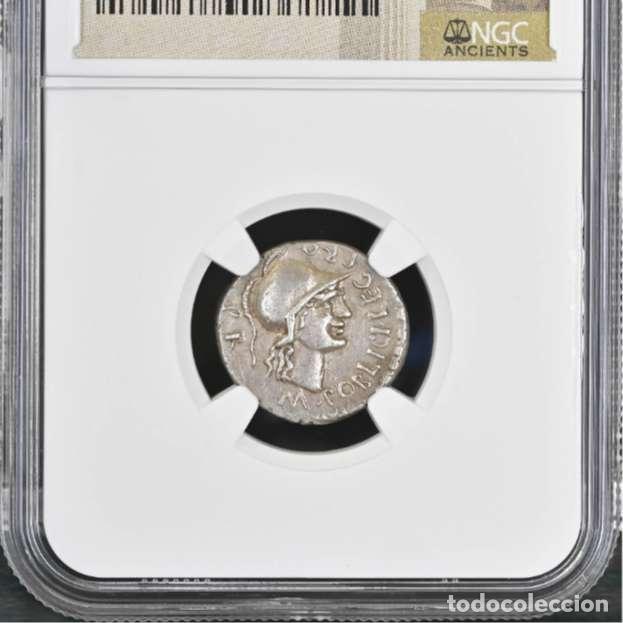 Monedas Roma Rep&uacute;blica: Pompeyo Magno, denario de plata. Acu&ntilde;ado en Hispania. M. POBLICI.