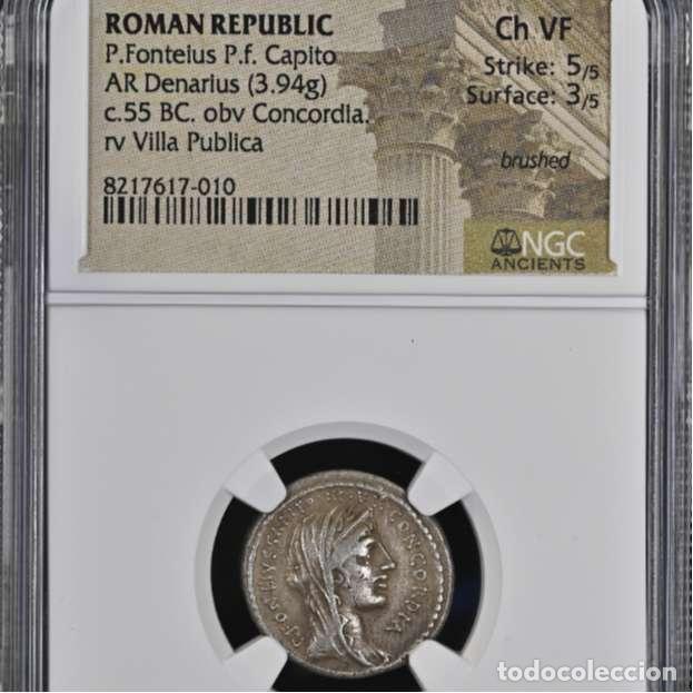 Monedas Roma Rep&uacute;blica: Titus Didius, Imperator y P. Fonteius. Denario. La Villa Publica