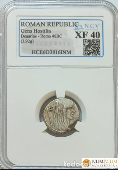 Monnaies Rome R&eacute;publique: GENS HOSTILIA. Denario. Aprox. 48 a.C. Encapsulada como XF 40.