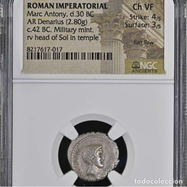 Monete Roma Repubblica: Marco Antonio, Denario, Cabeza del Sol dentro de Templo. Muy escasa