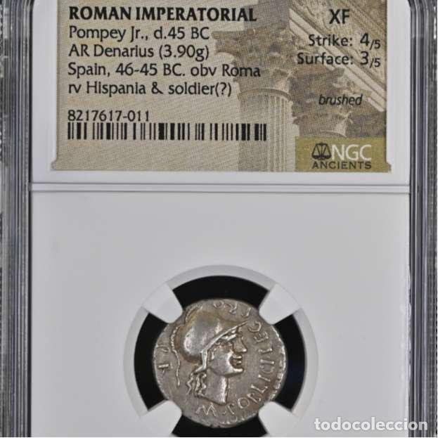 Monete Roma Repubblica: Pompeyo Magno, denario de plata. Acu&ntilde;ado en Hispania. M. POBLICI.