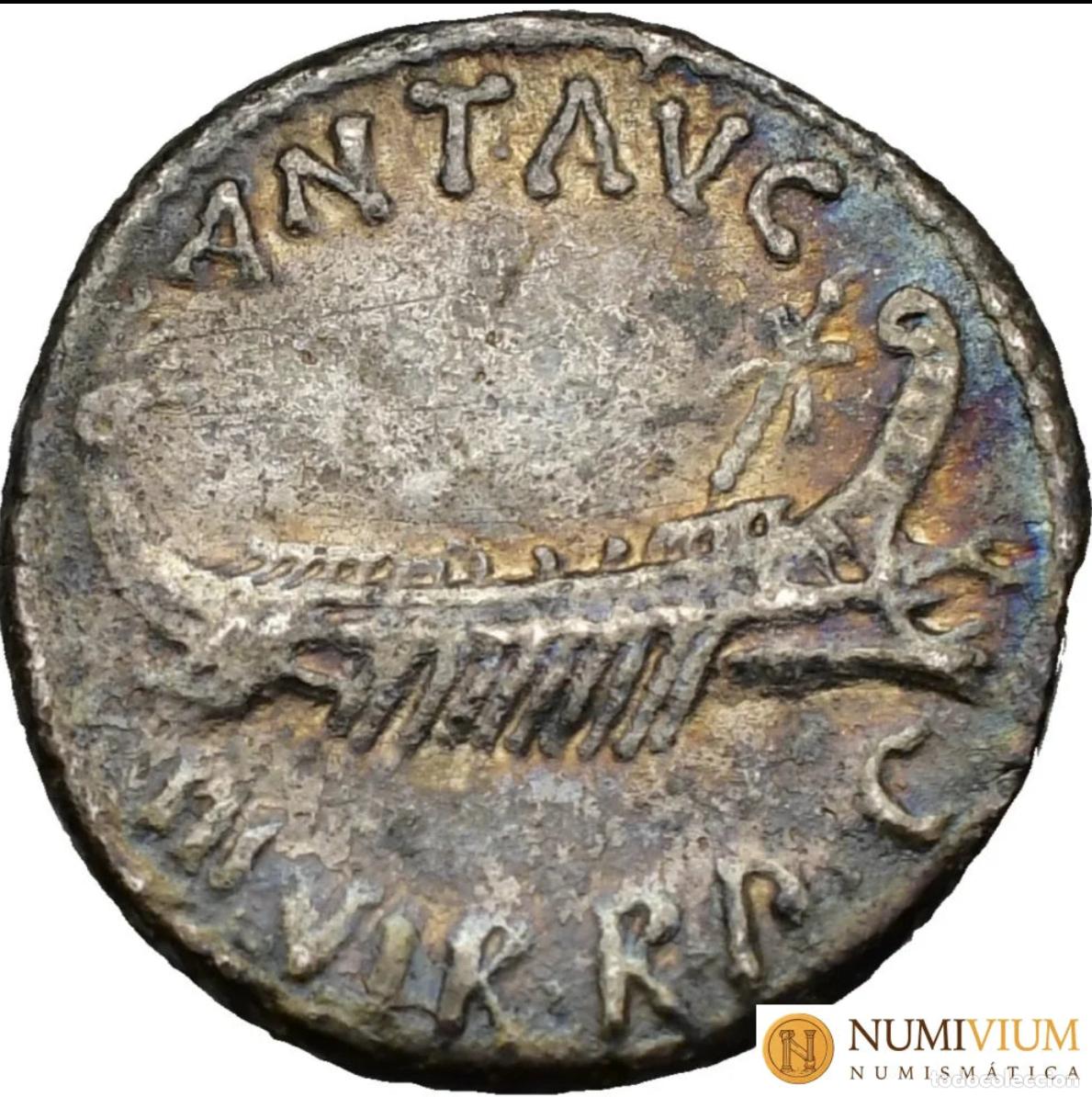 Monedas Roma Rep&uacute;blica: Marco Antonio, Ceca itinerante, denario, 32-31 a. C. Legi&oacute;n XIX. P&aacute;tina. Bell&iacute;sima