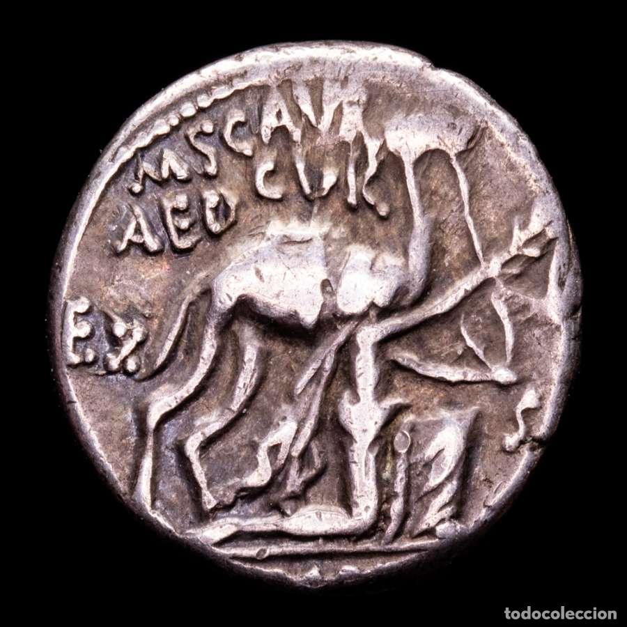Monedas Roma Rep&uacute;blica: M. Aemilius Scaurus / P. Plautius Hypsaeus. Denario de plata, 58 aC