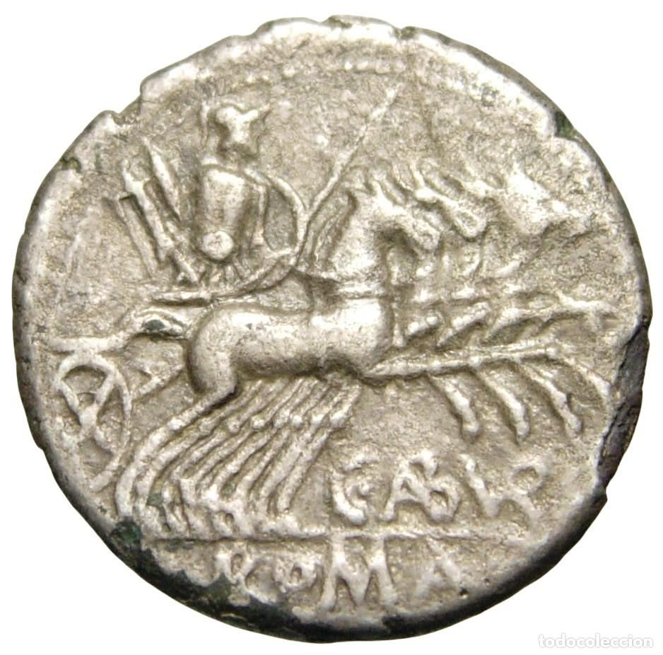 Monedas Roma Rep&uacute;blica: Rep&uacute;blica Romana C. Aburius Geminus Fourr&eacute;e Denarius (134 aC), Gens Aburia