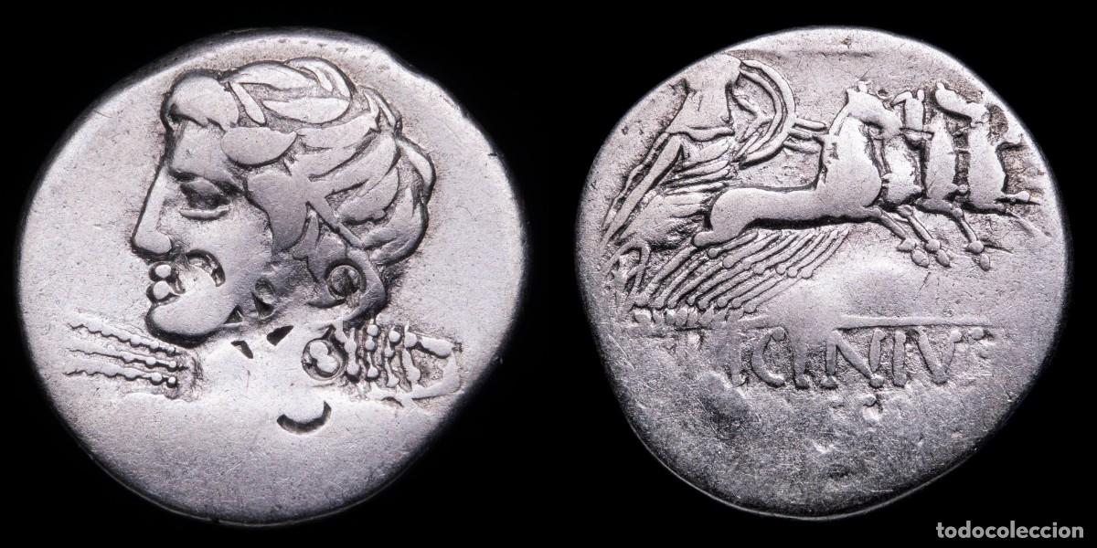 Monedas Roma Rep&uacute;blica: Roman Republican Denarius, C. Licinius L.f. MADer (84 b.C.) Countermarker - 19 mm / 3,72 gr.