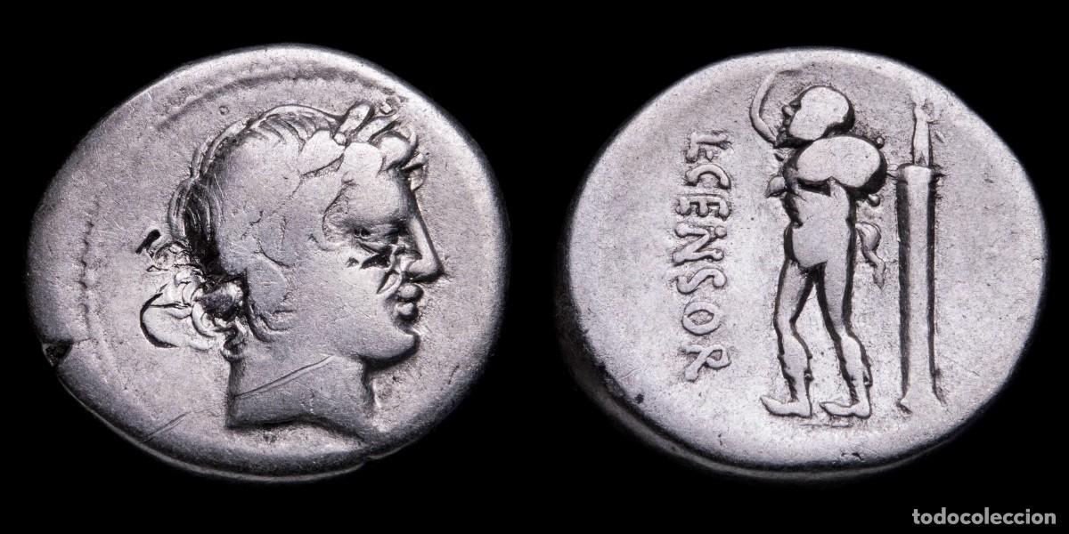 Monedas Roma Rep&uacute;blica: Roman Republican Denarius, L. Marcius Censorinus (88 b.C.) Countermark - 18 mm / 3,63 gr.