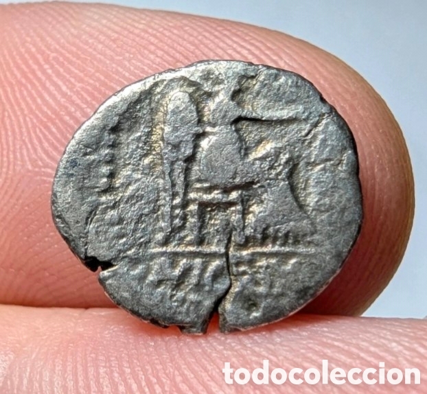 Monedas Roma Rep&uacute;blica: Quinario Gens Porcia 47-46 a.C. &Uacute;tica- &Aacute;frica Cat&oacute;n &rdquo;El Joven&rdquo;