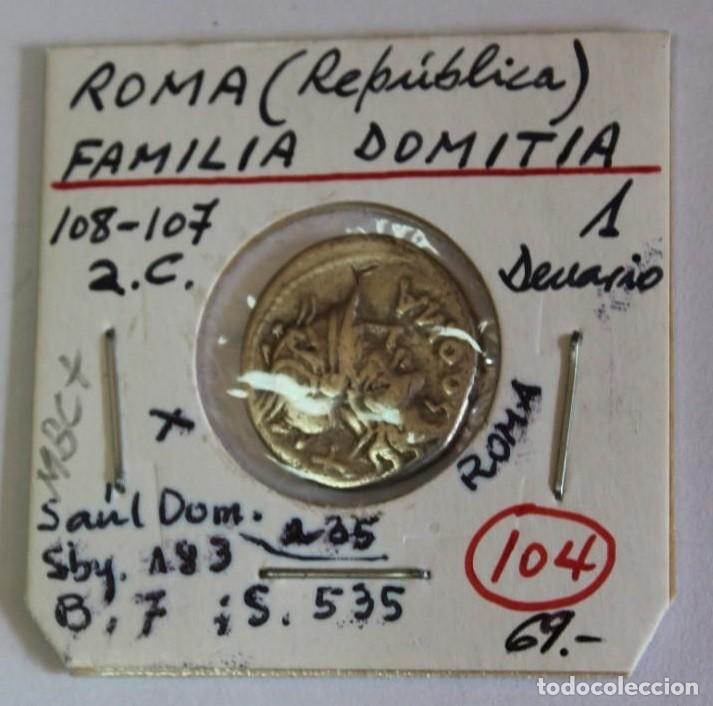 Monedas Roma Rep&uacute;blica: DENARIO de PLATA FAMILIA DOMITIA 108 a -107 AC, ceca Roma