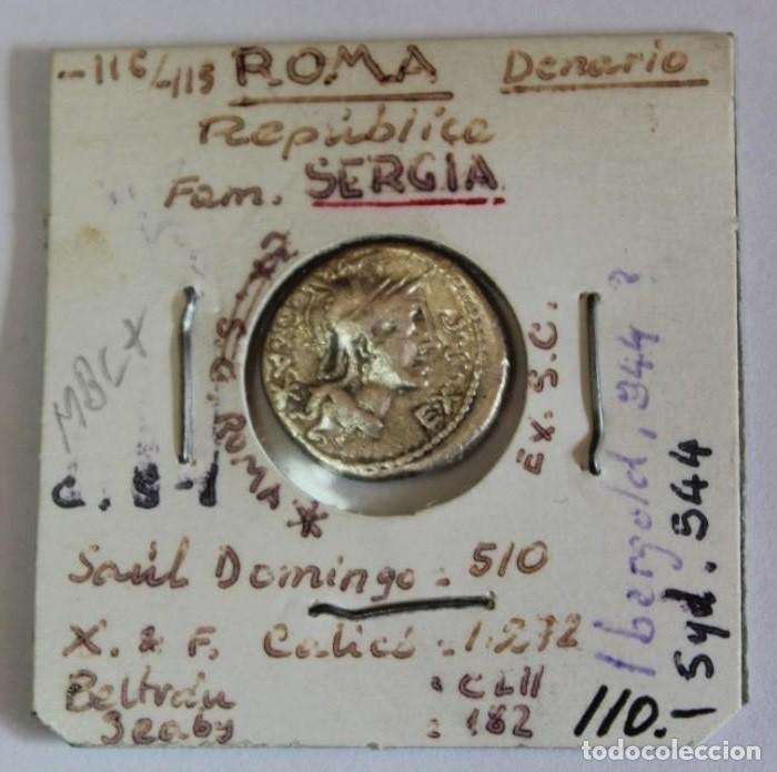 Monedas Roma Rep&uacute;blica: DENARIO de PLATA FAMILIA SERGIA 116 a 115 a.C.