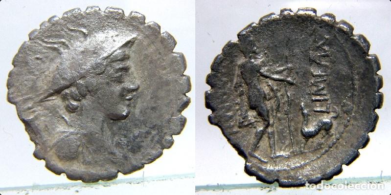 Monedas Roma Rep&uacute;blica: Denario serrato de plata de Gens MAMILIA ,pesa 3,20 gr.