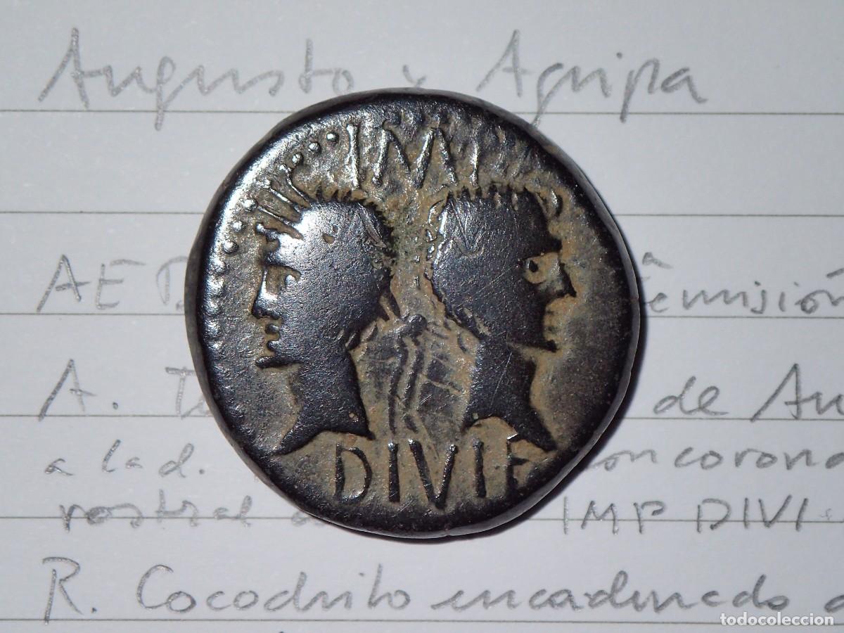 Monedas Roma Rep&uacute;blica: AE DUPONDIO AUGUSTO Y AGRIPA NIMES 16-10 a.C. Dupondius Augustus and Agrippa Nemausus