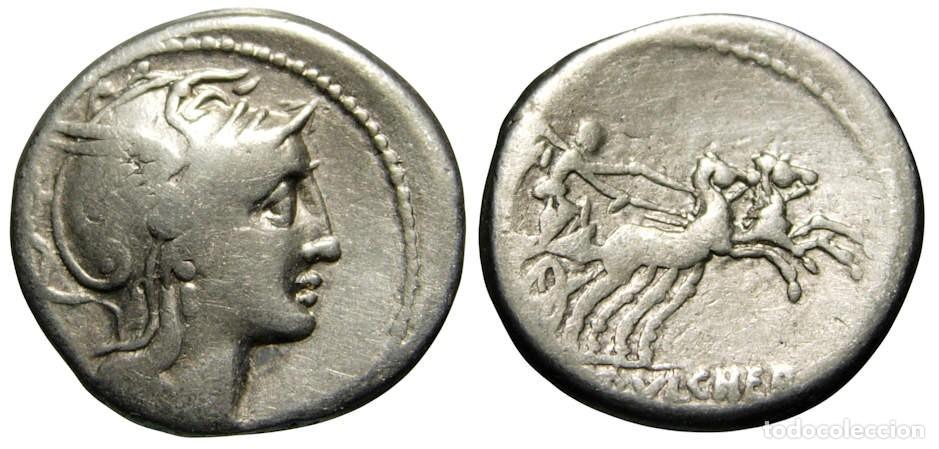 Monedas Roma Rep&uacute;blica: Rep&uacute;blica Romana C. Claudio Pulcher AR Denario (110-109 aC) Claudia 1