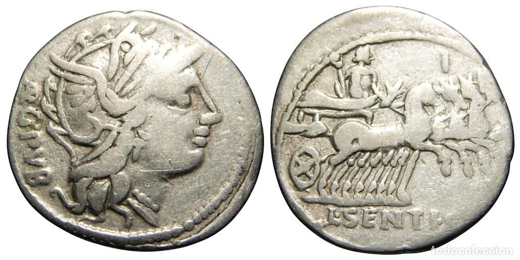 Monedas Roma Rep&uacute;blica: Rep&uacute;blica Romana L. Sentius C.f. AR Denarius (101 aC) Gens Sentia