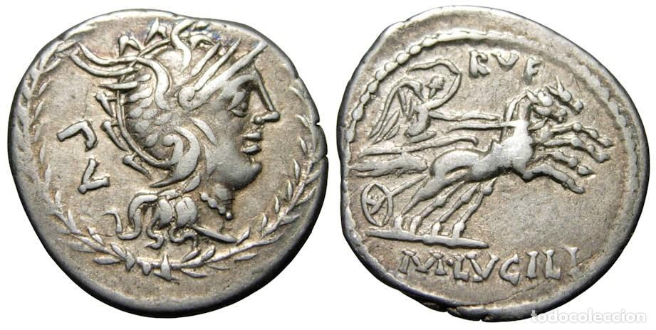Monedas Roma Rep&uacute;blica: Rep&uacute;blica Romana M. Lucilio Rufo AR Denario 101 aC, Gens Lucilia