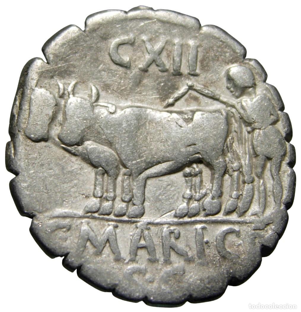 Monedas Roma Rep&uacute;blica: Rep&uacute;blica Romana C. Marius C f Capito AR Denarius (91 aC), Gens Maria