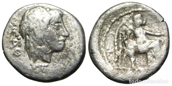 Monedas Roma Rep&uacute;blica: Rep&uacute;blica Romana M. Porcius Cato AR Quinarius (89 aC), Gens Porcia