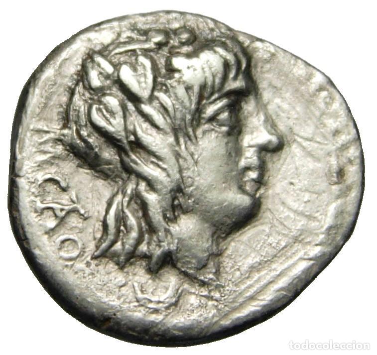 Monedas Roma Rep&uacute;blica: Rep&uacute;blica Romana M. Porcius Cato AR Quinarius (89 aC) Gens Porcia