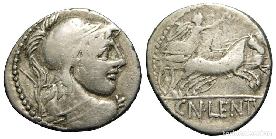 Monedas Roma Rep&uacute;blica: Rep&uacute;blica Romana Cn Lentulus Clodianus AR Denarius (88 aC), Gens Cornelia