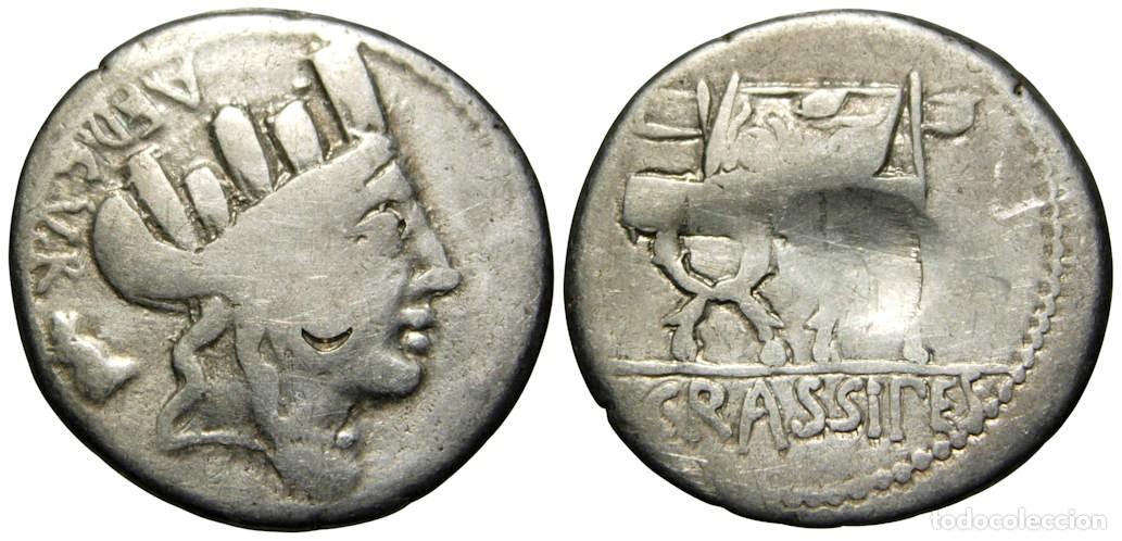 Monedas Roma Rep&uacute;blica: Rep&uacute;blica Romana P. Furius Crassipes AR Denarius (84 aC), Gens Furia, Cibeles