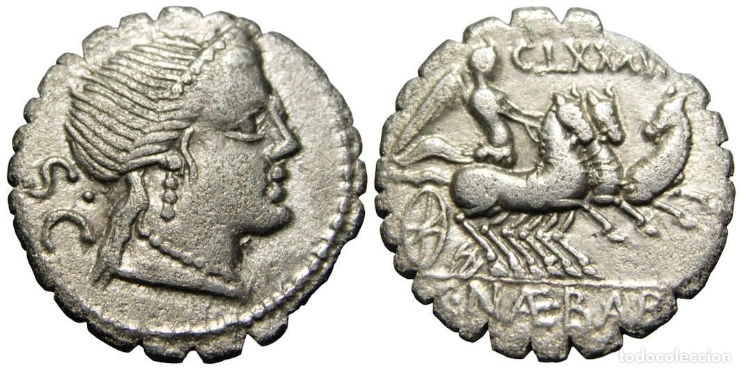 Monedas Roma Rep&uacute;blica: Rep&uacute;blica Romana C. Naevius Balbus AR Denarius Serratus (79 aC), Gens Naevia