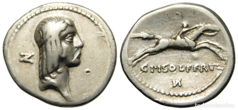 Monedas Roma Rep&uacute;blica: Rep&uacute;blica Romana C. Calpurnius Piso L f Frugi AR Denarius (67 aC), Gens Calpurnia