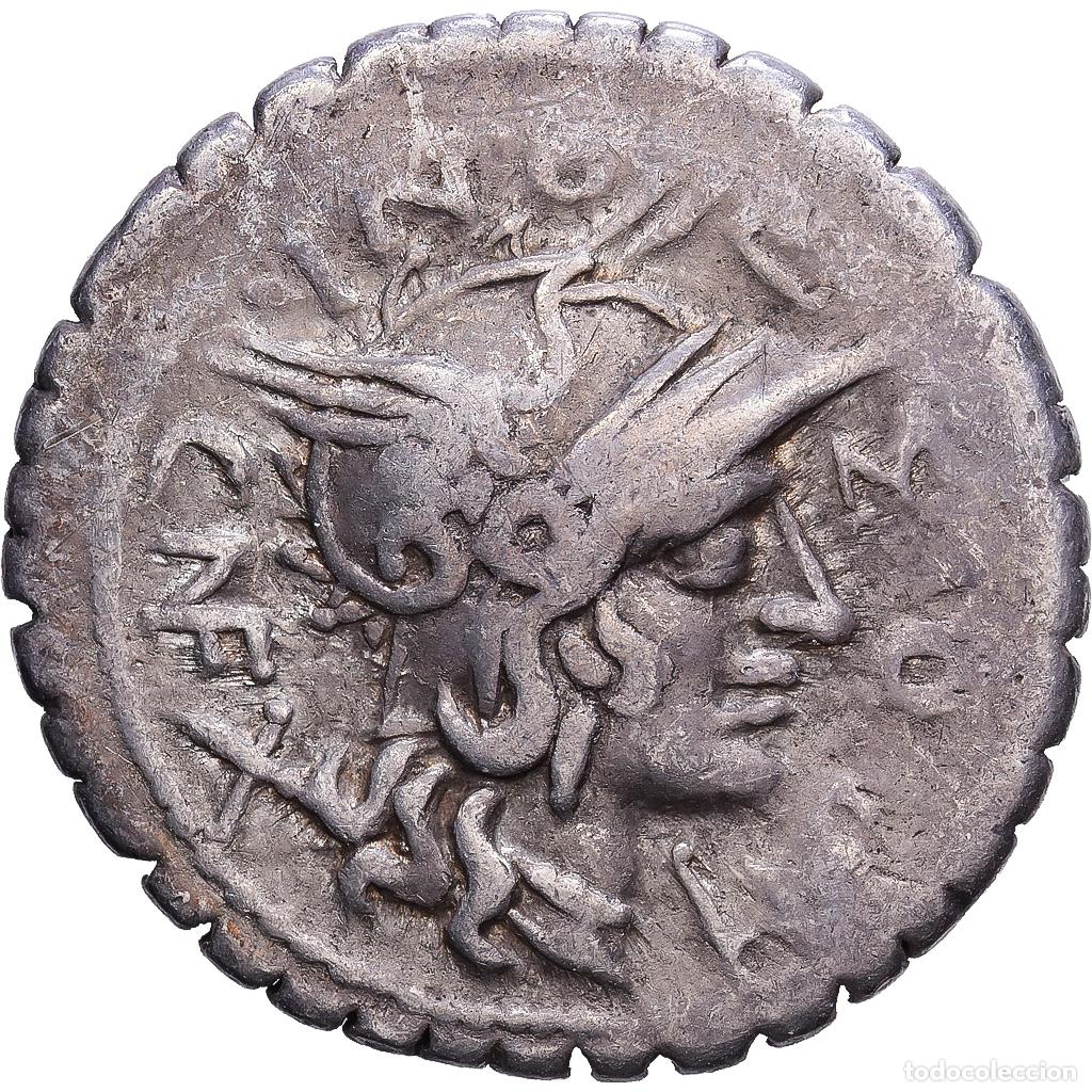 Monedas Roma Rep&uacute;blica: [#1203416] Roman Republic, Pomponia, Denarius Serratus, 118 BC, Narbonne, Plata, BC+
