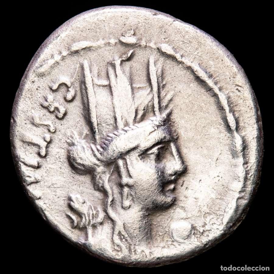 Monedas Roma Rep&uacute;blica: Roma 67 aC. M Plaetorius Mf. Cestianus. Denario. Silla Curul (5822)