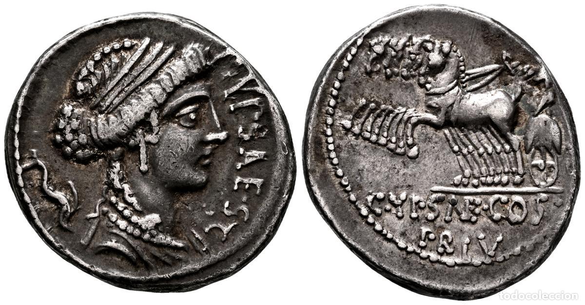 Monedas Roma Rep&uacute;blica: GENS PLAUTIA. Denario. (Ar. 4,00g/18mm). 60 a.C. Roma. (FFC 997; Crawford 420/2a). Anv: Cabeza diade