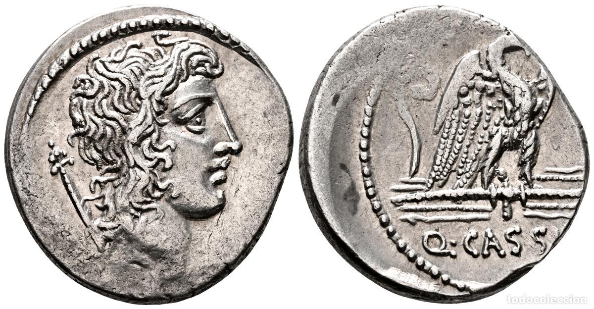 Monedas Roma Rep&uacute;blica: GENS CASSIA. Denario. (Ar. 3,92g/18mm). 55 a.C. Roma. (FFC 557; Crawford 428/3). Anv: Cabeza de Bonu