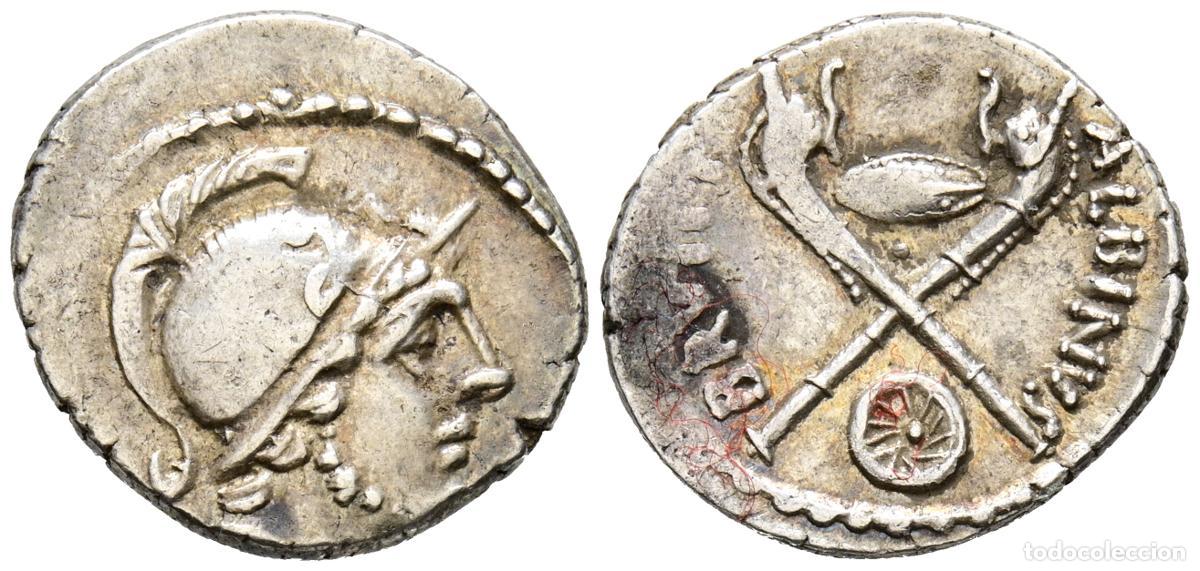 Monedas Roma Rep&uacute;blica: GENS POSTUMIA. Denario. (Ar. 3,46g/18mm). 48 a.C. Roma. (Crawford 450/1; FFC 1076). Anv: Cabeza de M