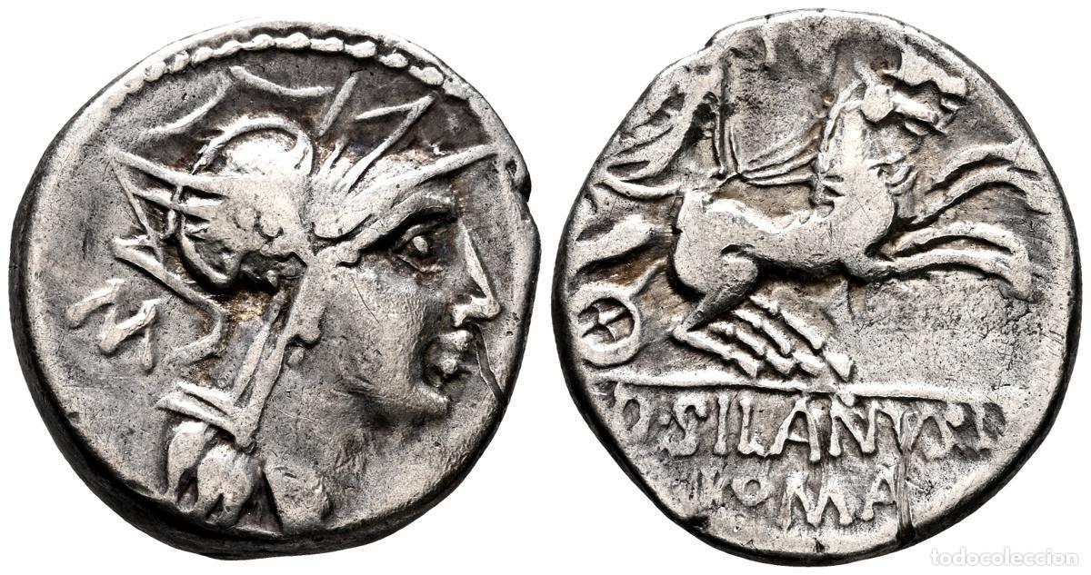 Monedas Roma Rep&uacute;blica: GENS JUNIA. Denario. (Ar. 3,85g/17mm). 91 a.C. Roma. (Crawford 337/3; FFC 790). Anv: Cabeza de Roma