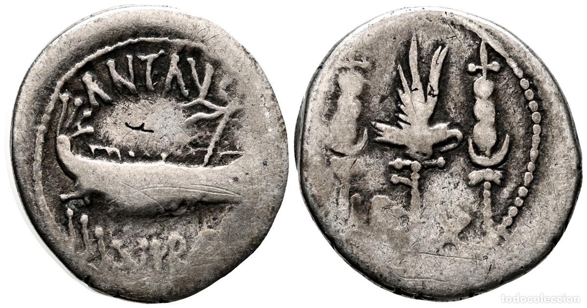 Monedas Roma Rep&uacute;blica: MARCO ANTONIO. Denario. (Ar. 3,26g/19mm). 32-31 a.C. Ceca m&oacute;vil. (Crawford 544/24; FFC 43). Anv: Gal