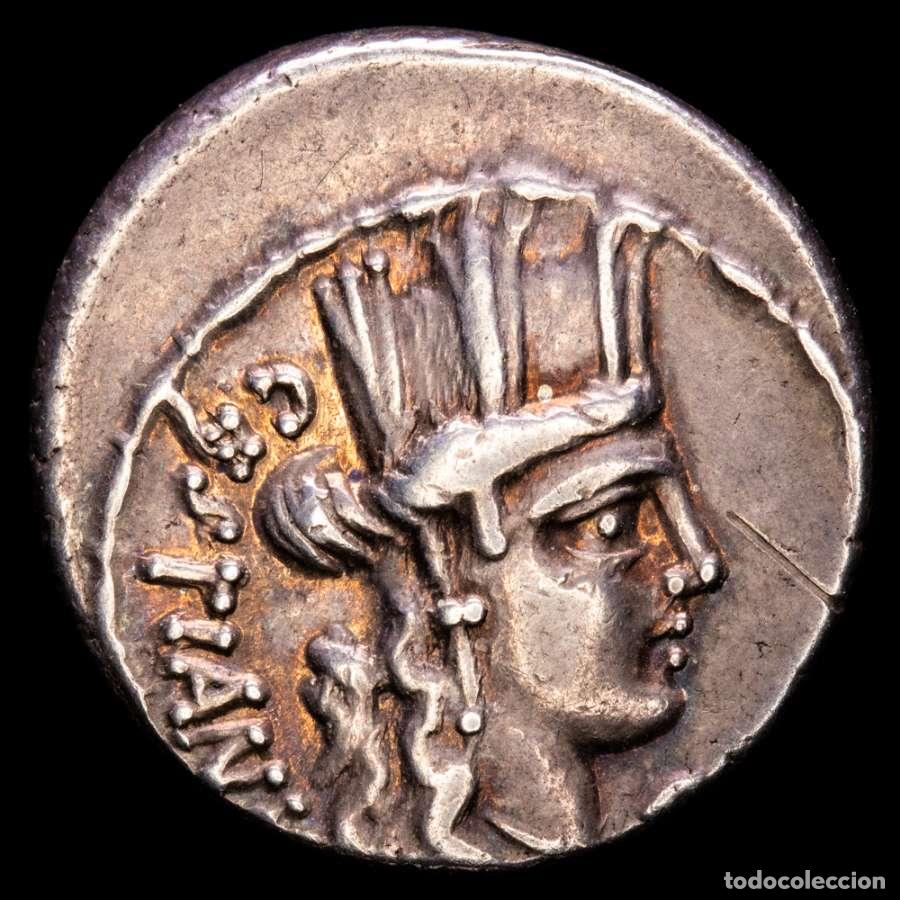 Monedas Roma Rep&uacute;blica: Roma 67 aC. M Plaetorius Mf. Cestianus. Denario. Silla Curul (5819)