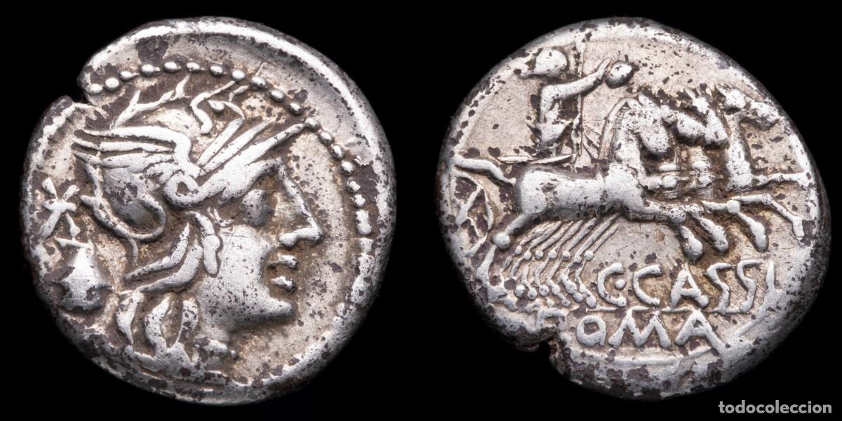Monedas Roma Rep&uacute;blica: Roman Republican Denarius, C. Cassius (126 b.C.) - 18 mm / 3,65 gr.