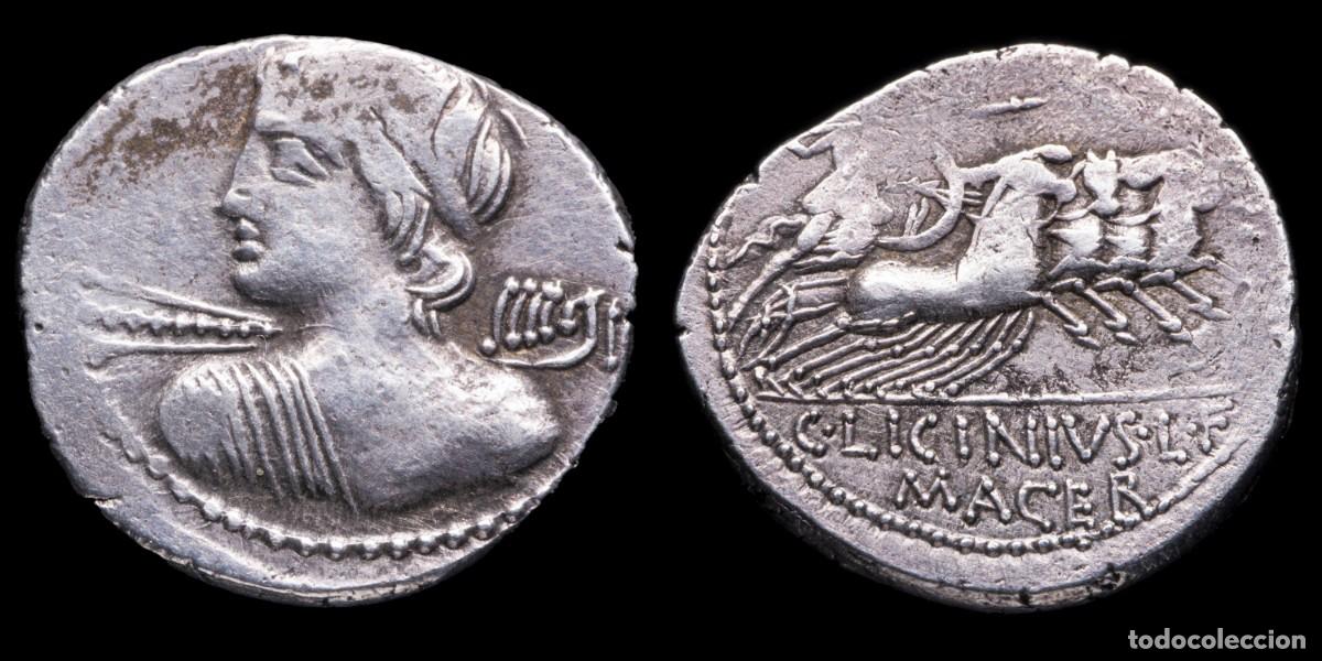 Monedas Roma Rep&uacute;blica: Roman Republican Denarius, C. Licinius L.f. MADer (84 b.C.) - 20 mm / 4,08 gr.