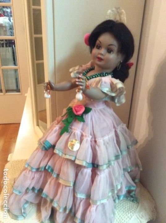 Mu&ntilde;eca Cayetana: Mu&ntilde;eca Cayetana delgada de celuloide con traje de faralaes y complementos originales. - Foto 8