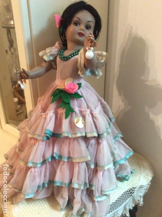 Mu&ntilde;eca Cayetana: Mu&ntilde;eca Cayetana delgada de celuloide con traje de faralaes y complementos originales. - Foto 11