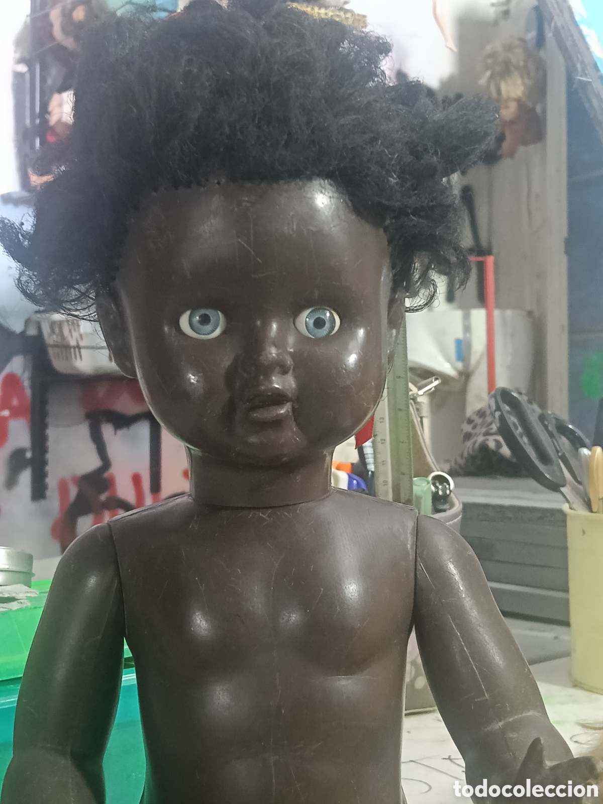 Mu&ntilde;eca espa&ntilde;ola clasica: Antigua Mu&ntilde;eca Beb&eacute; Negrita Vintage A&ntilde;os 50/60 - Ojos Azules Celestes