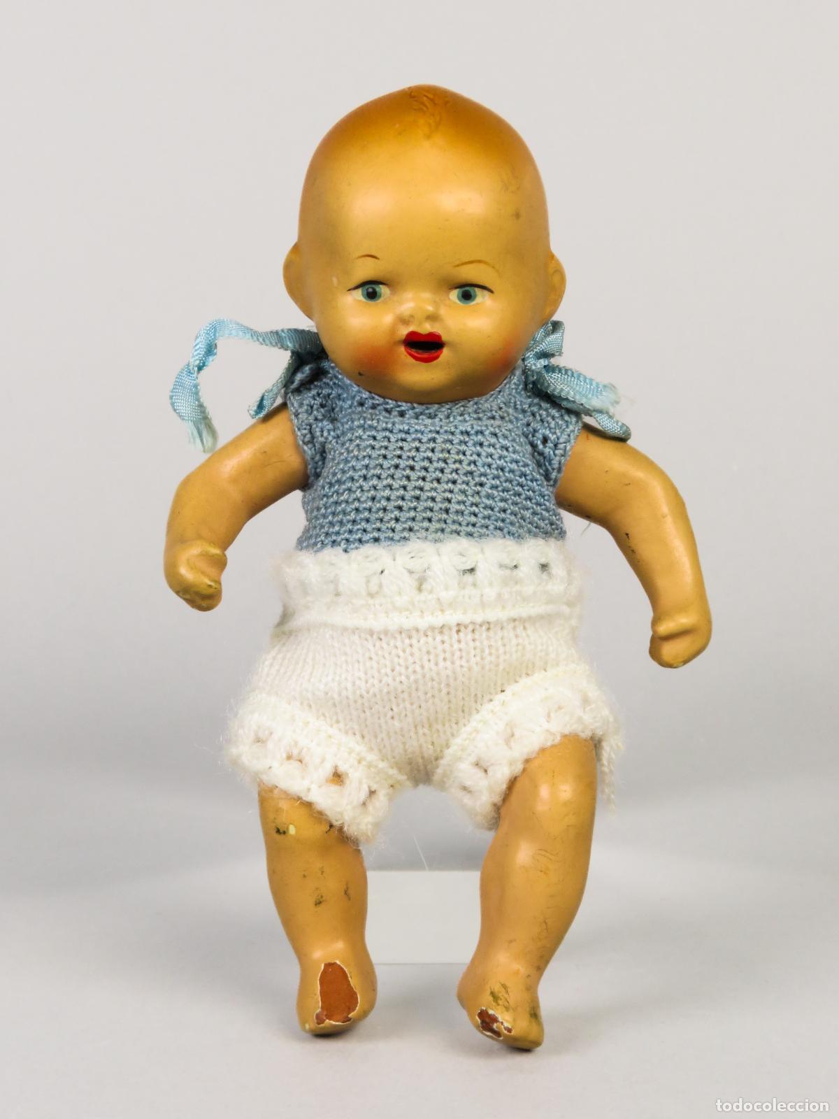 Mu&ntilde;eca espa&ntilde;ola clasica: Bebe terracota ojos pintados ropa punto marca estrella 5 espalda a&ntilde;os 40 - 50 14 cm